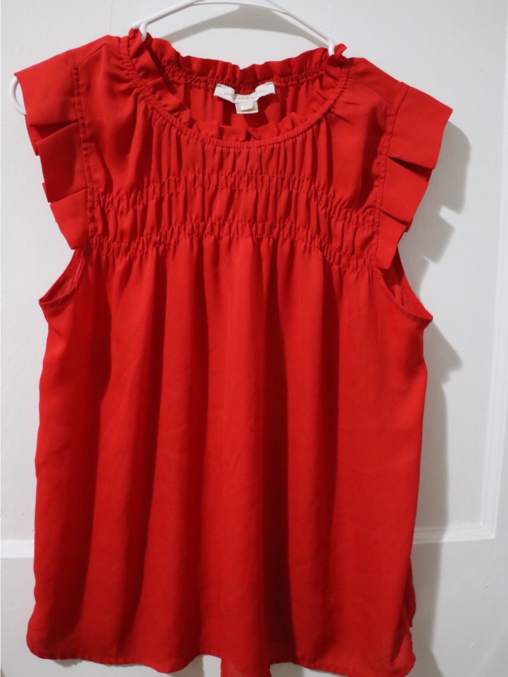 Red Smocked Flutter-Sleeve Blouse